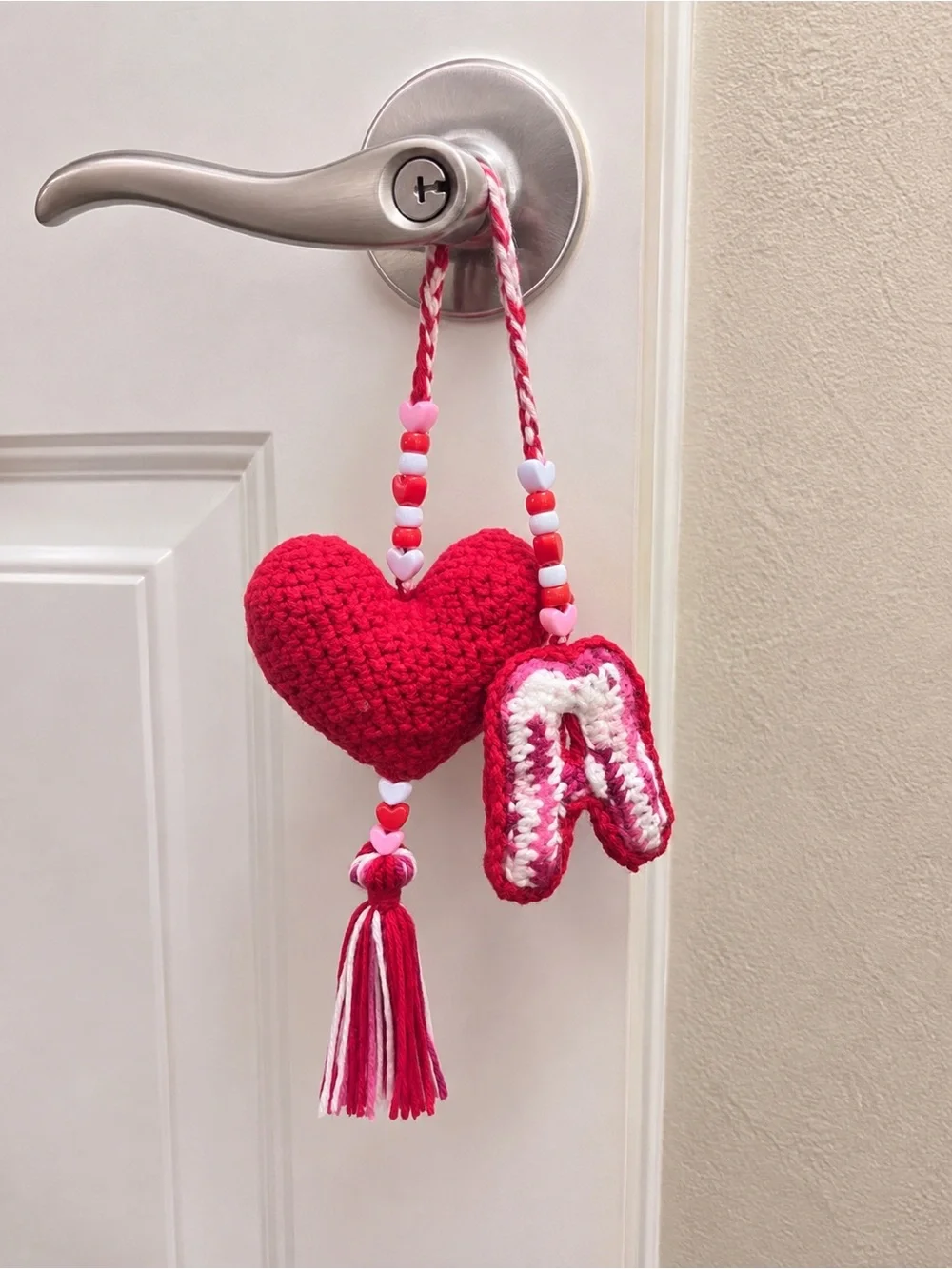 Red Crochet Heart Keychain with Pink Letter A Charm
